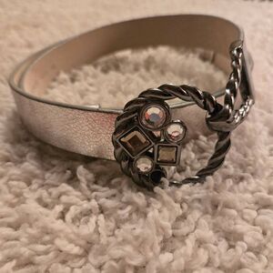 Chico's Silver Leather Belt Rhinestone Buckle M/L